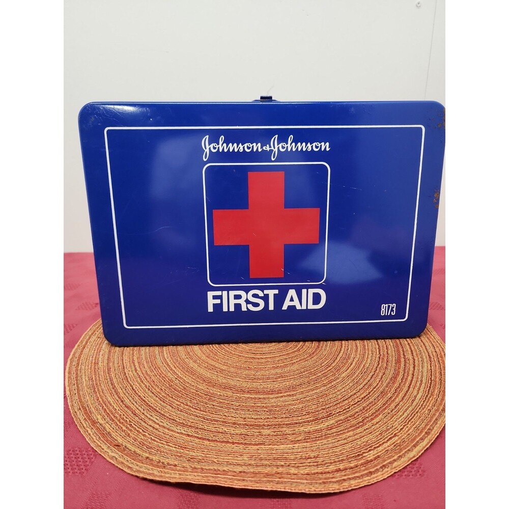 Vintage Johnson&Johnson Blue Metal First Aid Kit #8173 With Contents 1960's